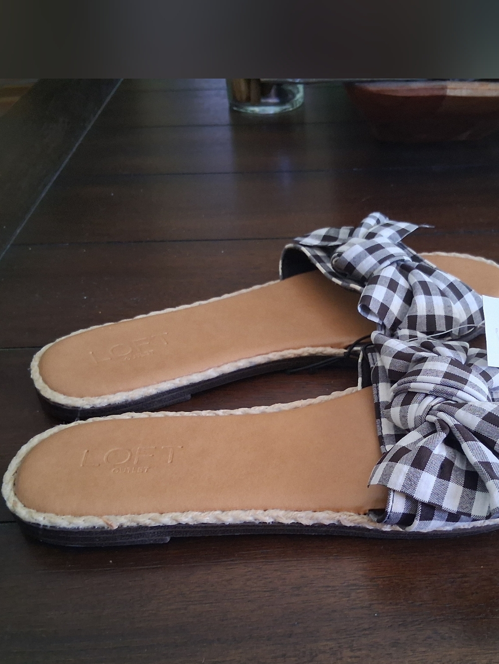 LOFT Outlet: Black & White Gingham Bow Slide Sandals